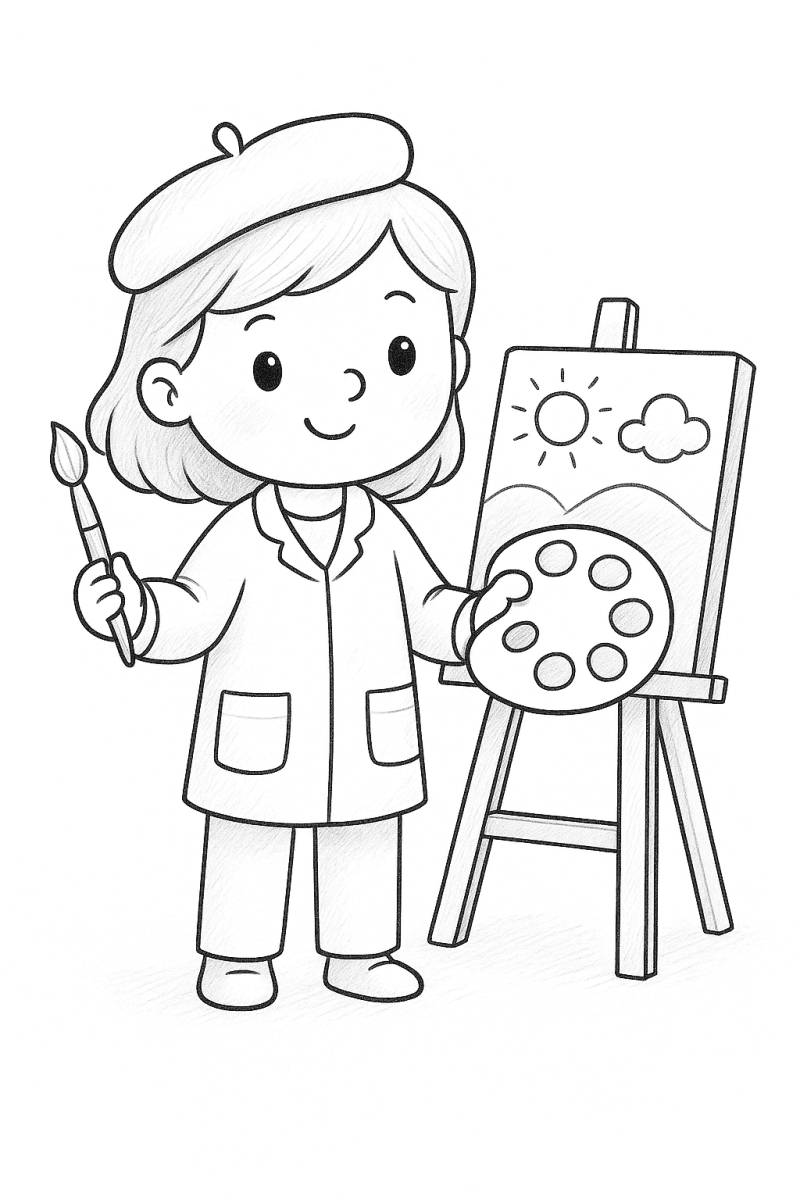 Pequeña artista que sostiene un pincel y una paleta frente a un lienzo