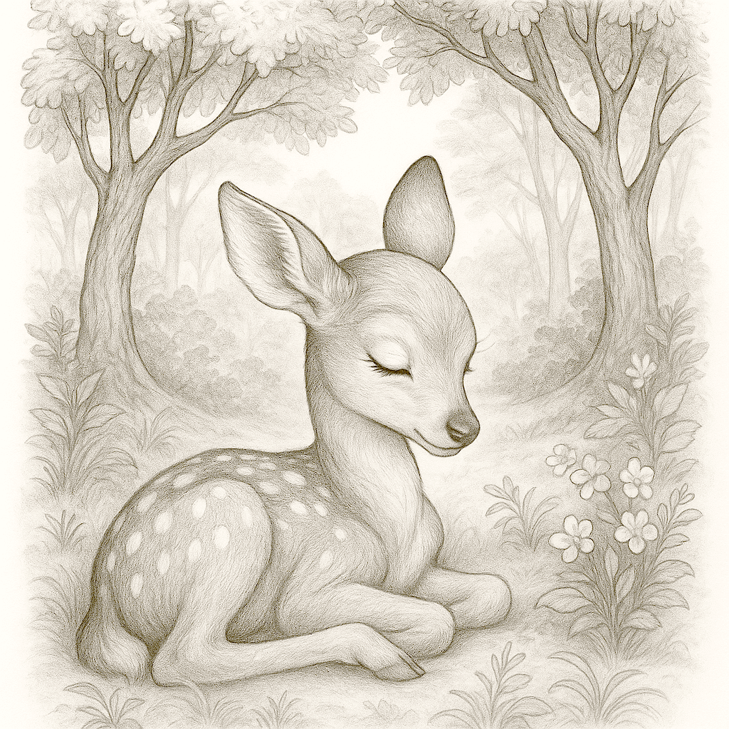 Малко еленче спи спокойно сред цветя в гората, черно-бяла рисунка за оцветяване