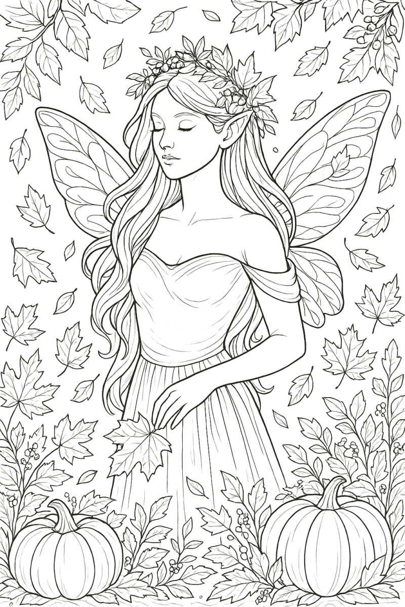 Черно-бяла картинка за оцветяване на есенна фея с крила и листа около нея