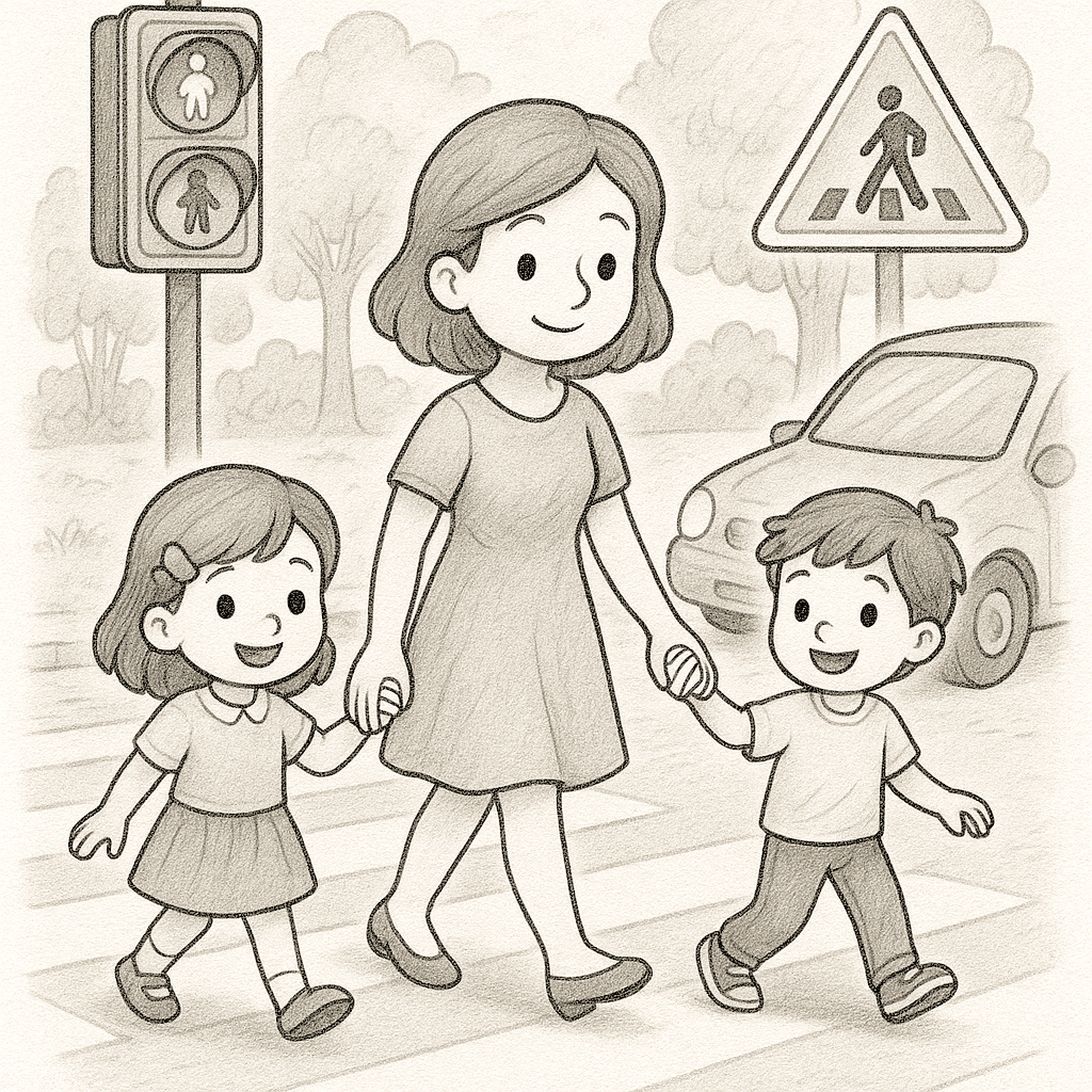 Черно-бяла картинка за оцветяване на майка и две деца, които се държат за ръце и пресичат улицата на зебра при зелен сигнал на светофара
