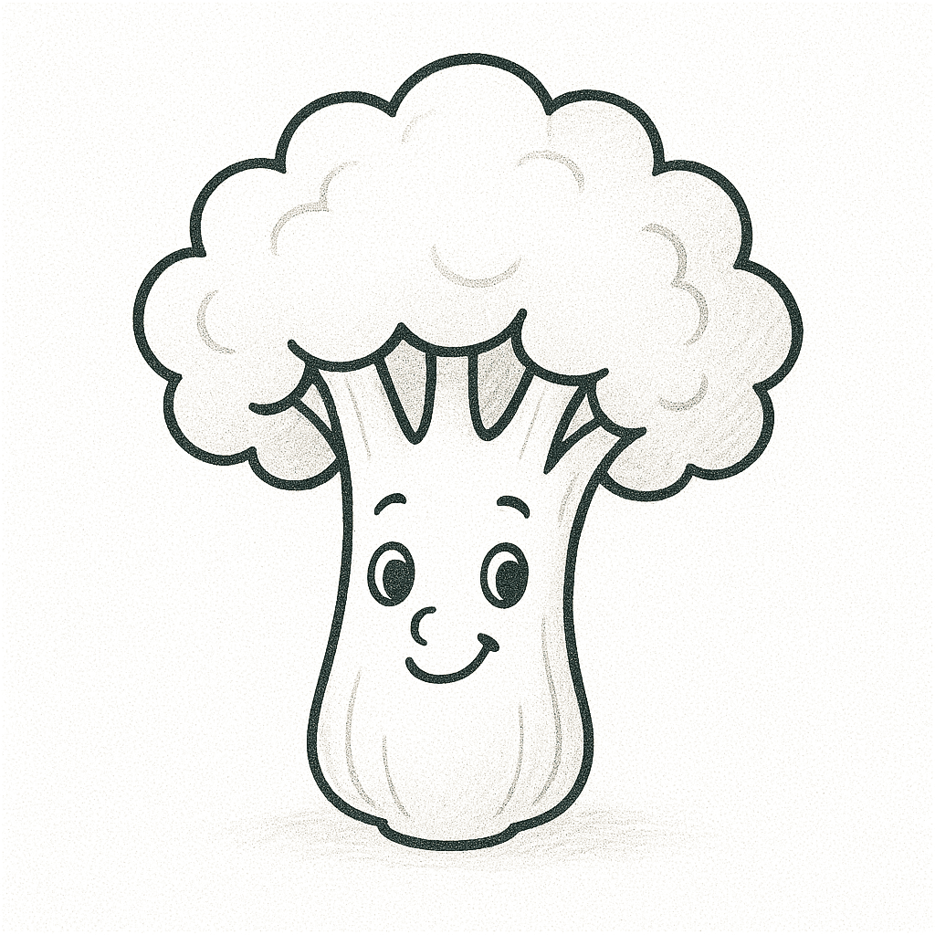 Zeichnung eines lächelnden Brokkolis zum Ausmalen