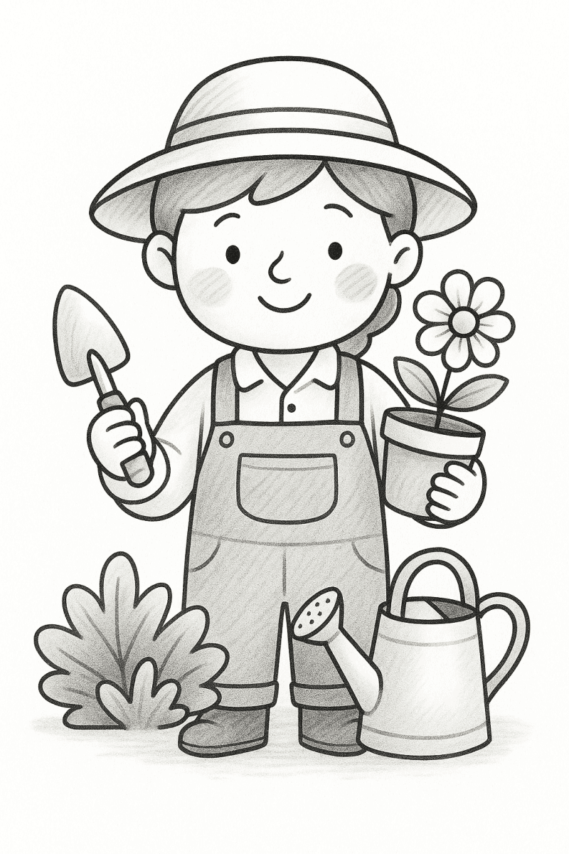 Градинар с цвете и градински инструменти