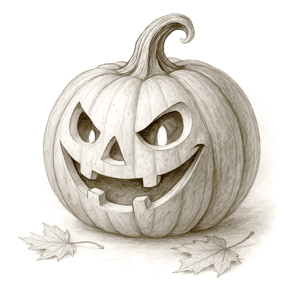 Черно-белый рисунок озорной тыквы на Хэллоуин с хитрой улыбкой и двумя осенними листьями.