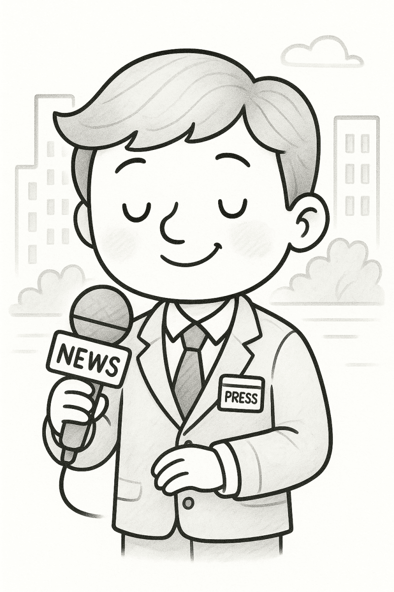 Изображение на журналист с микрофон в градски пейзаж