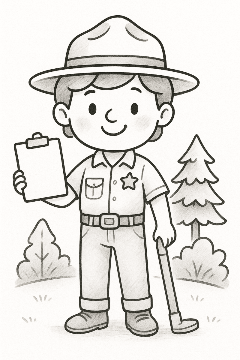 Рисунка на усмихнат горски рейнджър с клипборд пред дървета