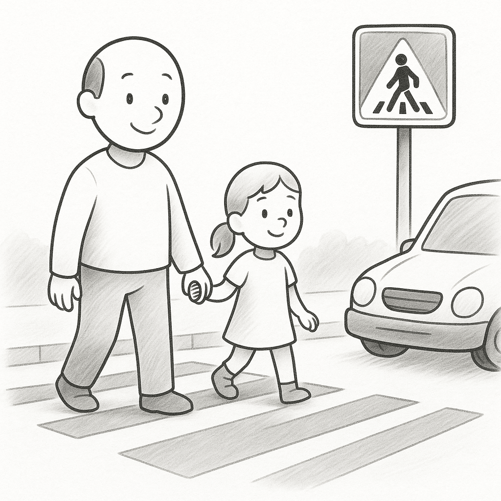 Черно‑бяла страница за оцветяване: родител и дете пресичат на пешеходна пътека (зебра) пред кола и знак за пресичане.