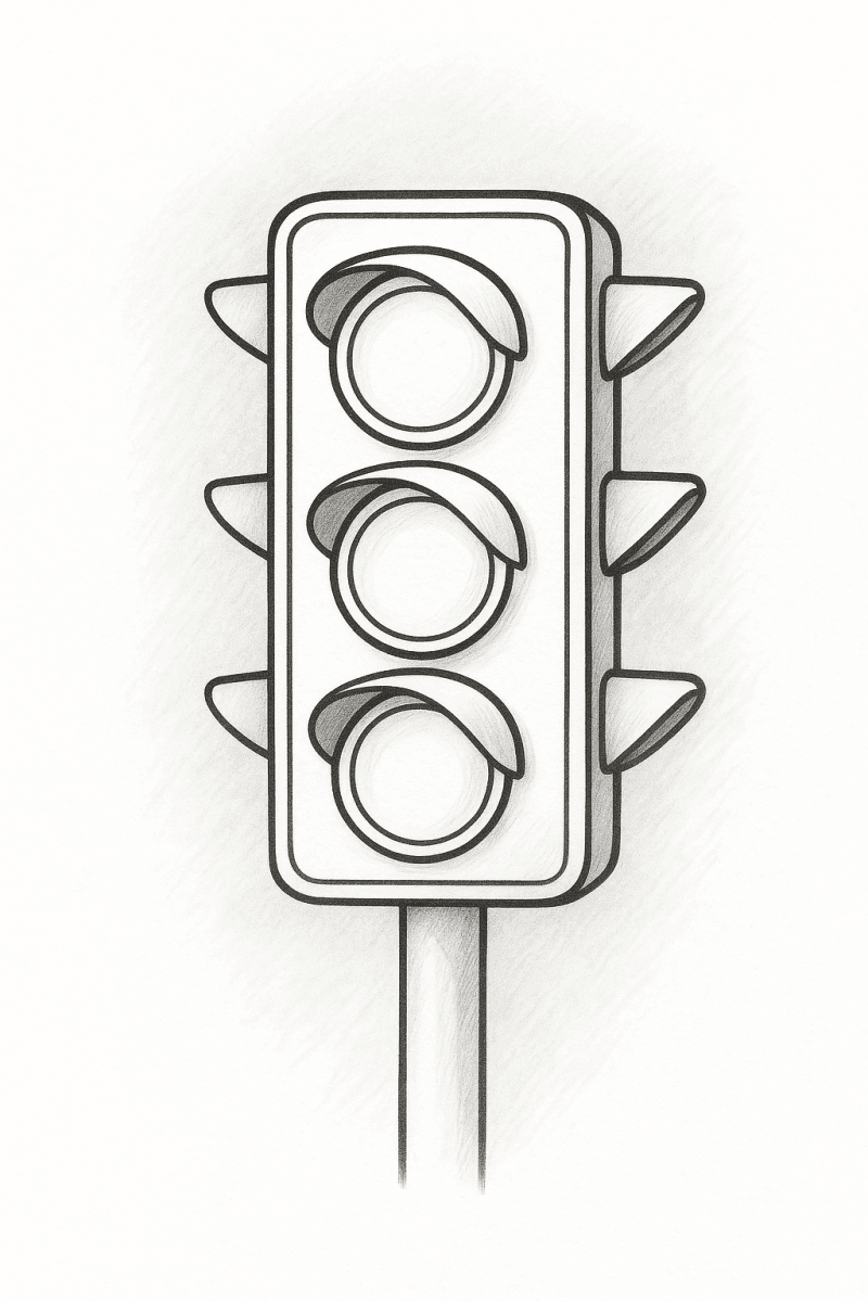 Черно-белое изображение светофора для раскраски, с тремя пустыми кругами для цветов светов