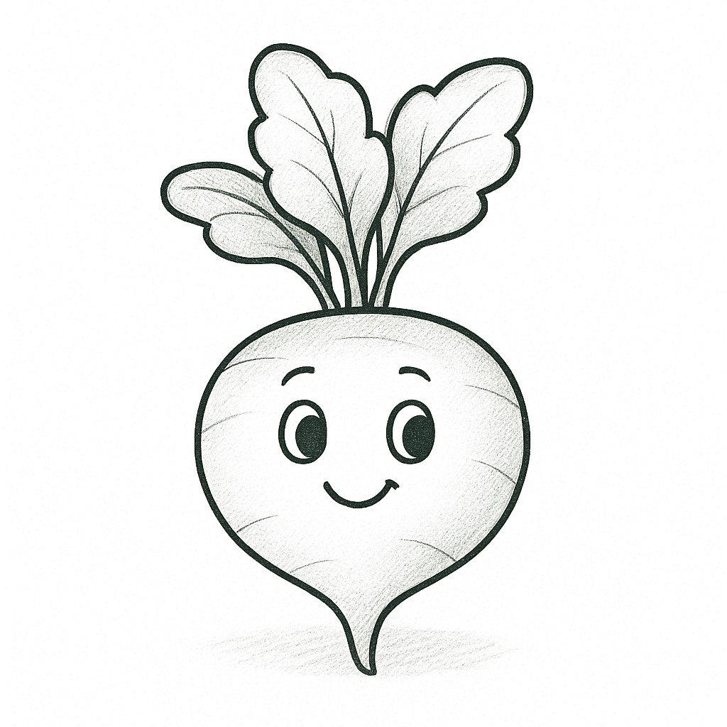 Zeichnung eines lächelnden Rettichs mit Blättern