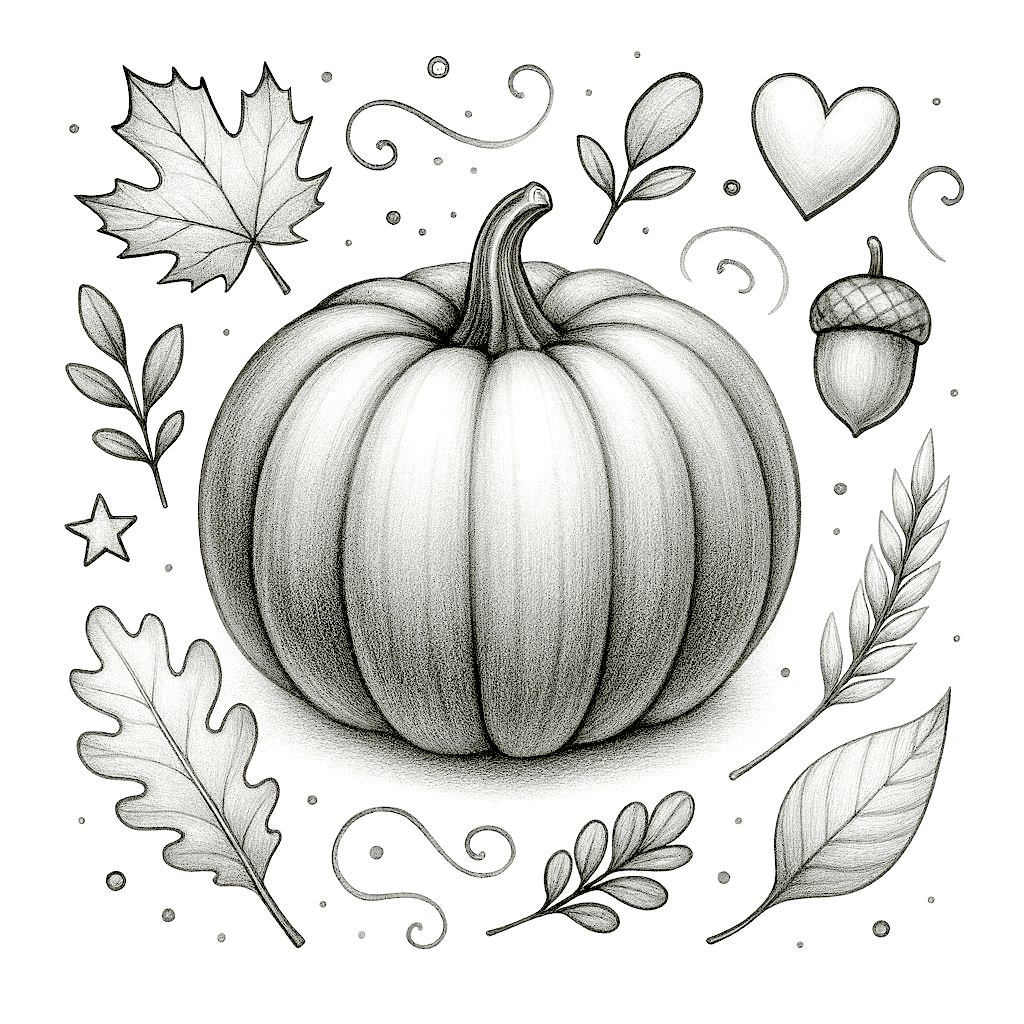 Dibujo en blanco y negro de una calabaza con hojas de otoño y bellotas para colorear