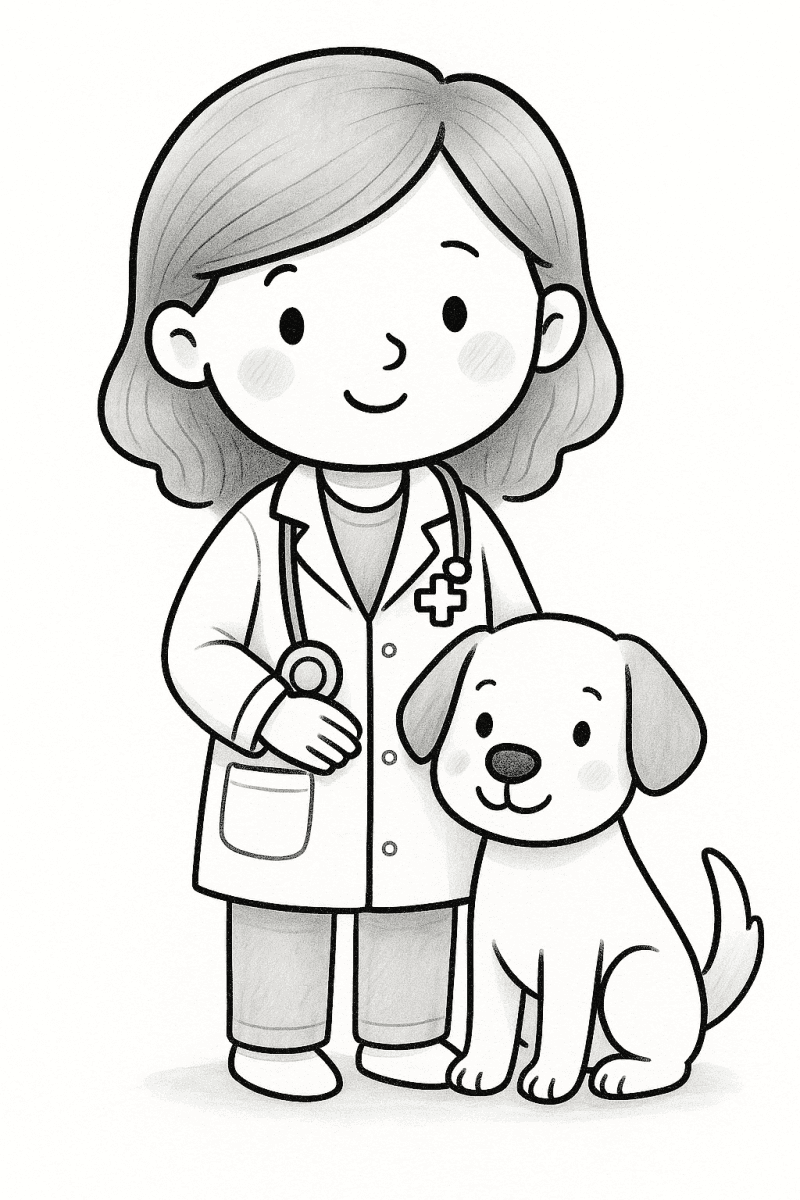 Цветна рисунка на ветеринарен лекар с куче