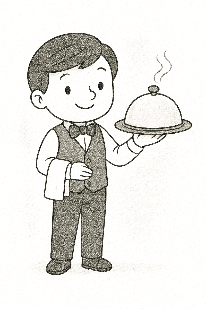 Camarero sonriente con bandeja para colorear