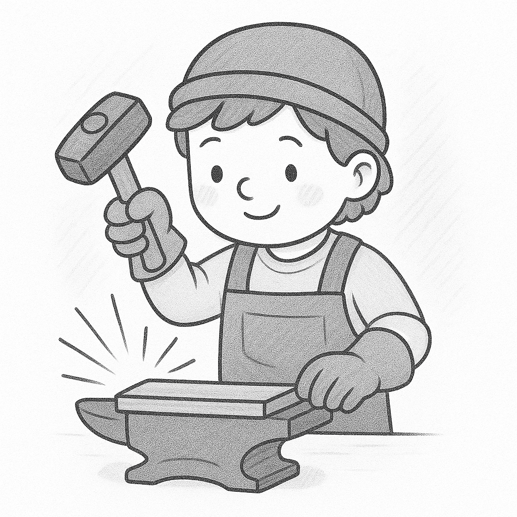 Рисунка на млад ковач с чук над наковалня