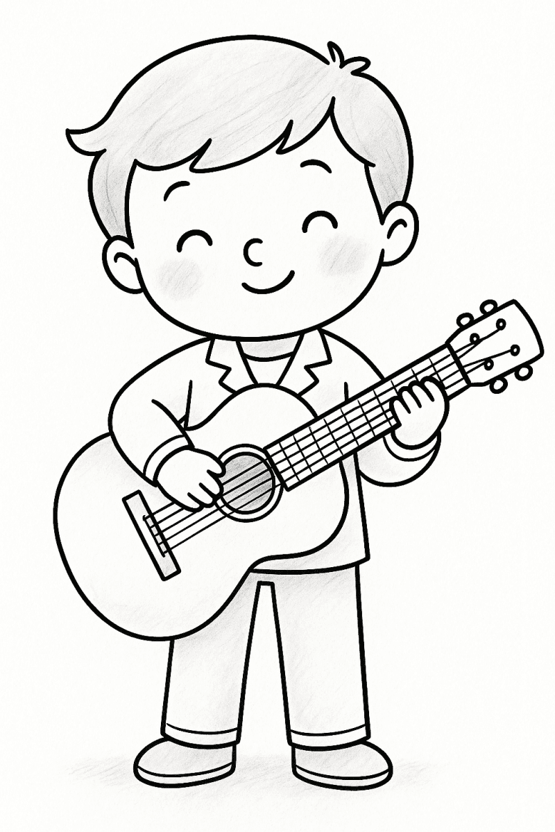 Мальчик держит гитару и улыбается