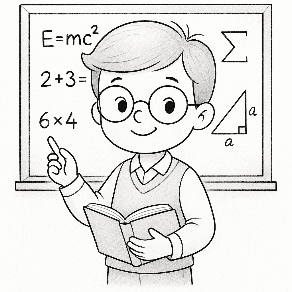 Niño con gafas sostiene un libro y escribe en el tablero