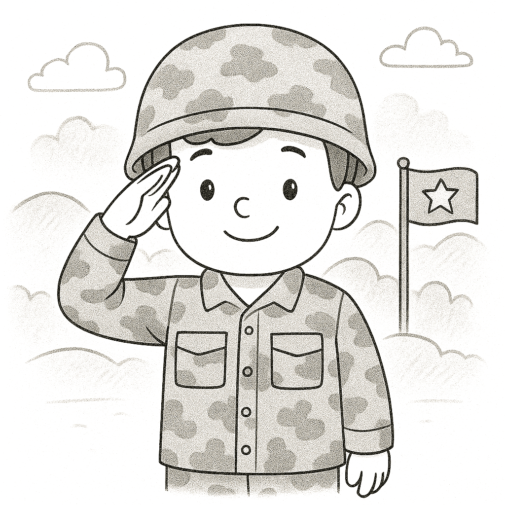 Млад войник салютира - рисунка за оцветяване