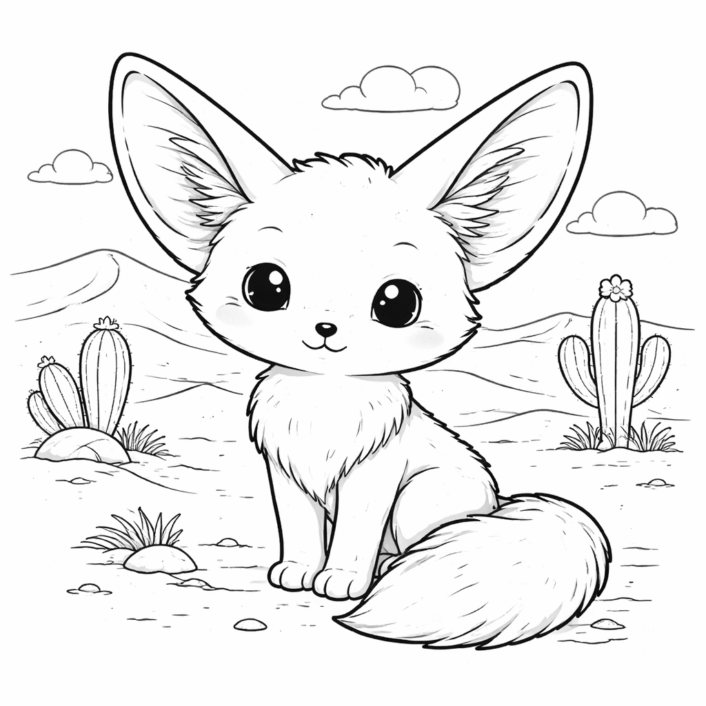 Черно-бяла картинка за оцветяване на фенек лисица с големи уши, седнала в пустинята