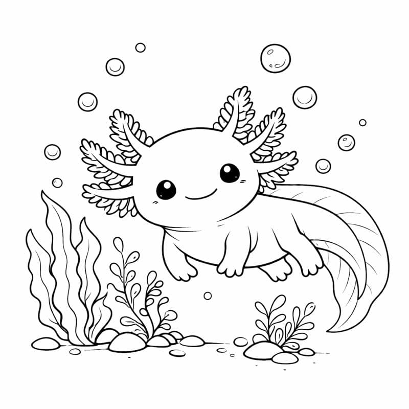 Черно-бяла картинка за оцветяване на усмихнат аксолотъл, плуващ под водата с балончета и растения