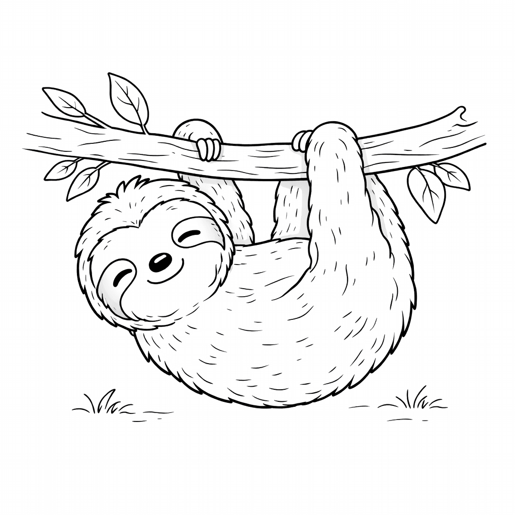 Черно-бяла картинка за оцветяване на усмихнат ленивец, който виси спокойно на дървесен клон