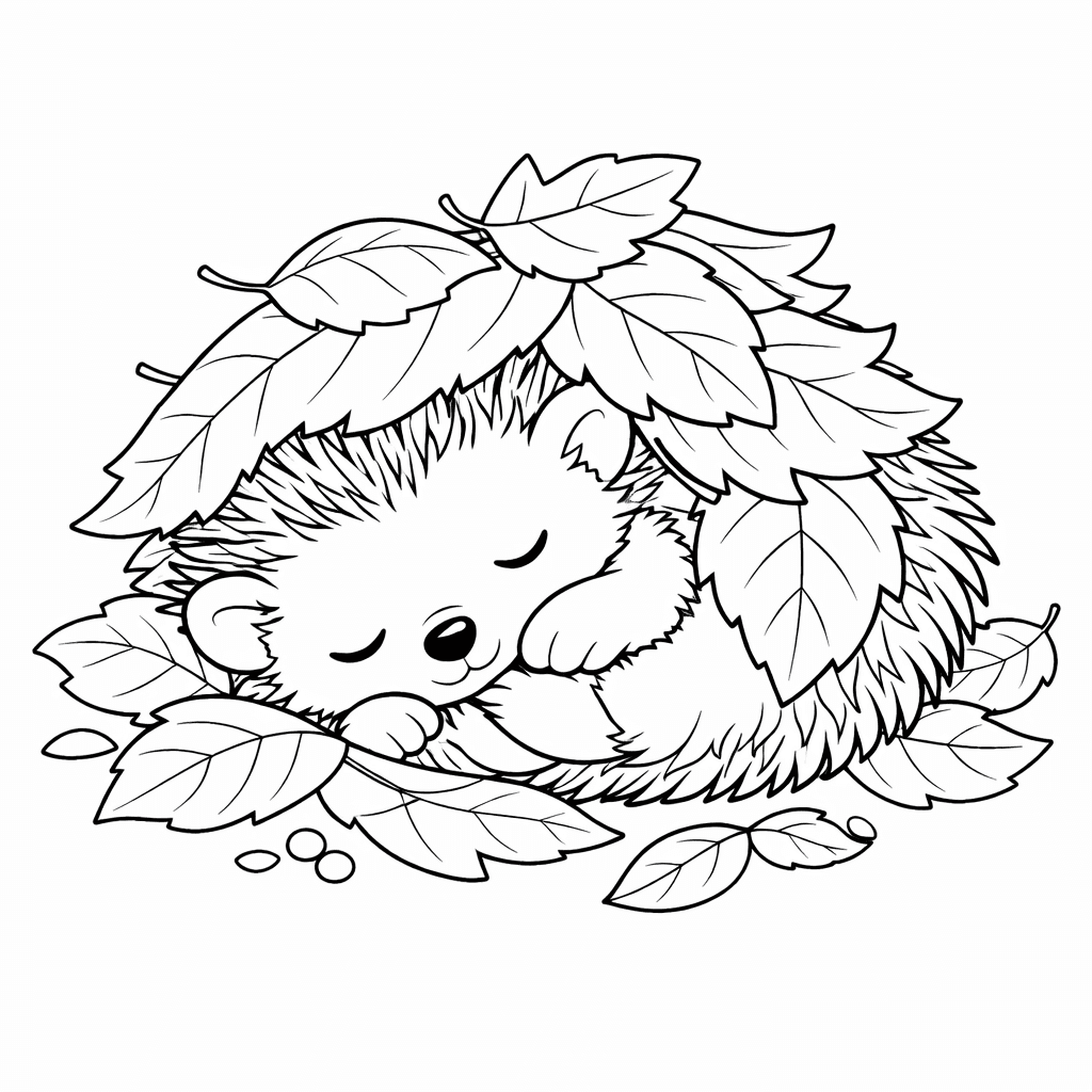 Черно-бяла картинка за оцветяване на малък сънен таралеж, сгушен и покрит с есенни листа