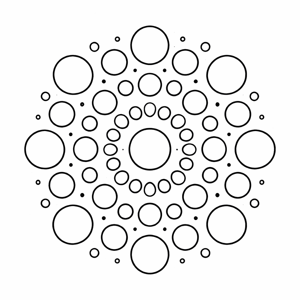 Mandala en noir et blanc à colorier avec des cercles et des points, adaptée aux jeunes enfants.