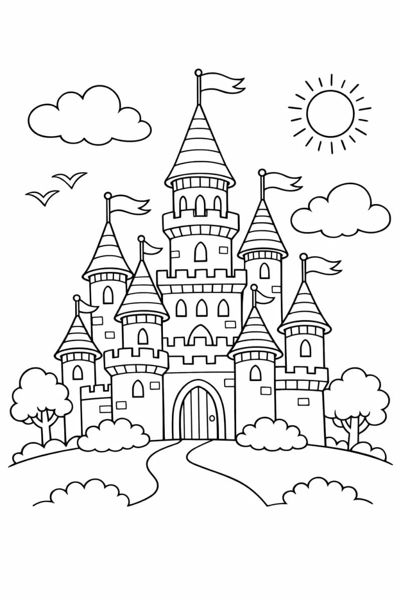 Приказен замък с кули и знамена – оцветяване