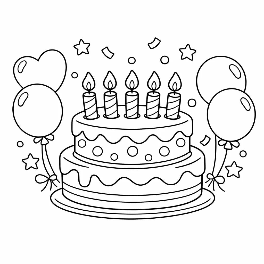 Pastel de cumpleaños con velas y globos - colorear