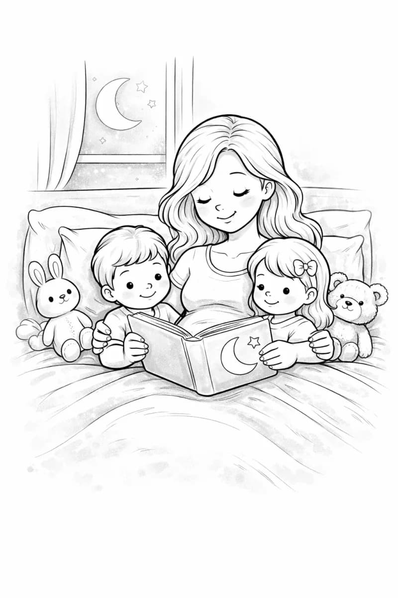 Майка чете приказка на две деца в леглото с луна в прозореца
