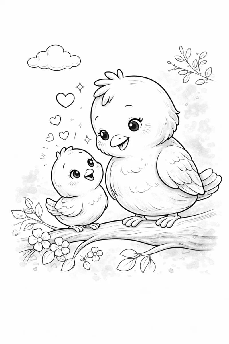 Мама птица с пиленце на клон, цветя и сърца