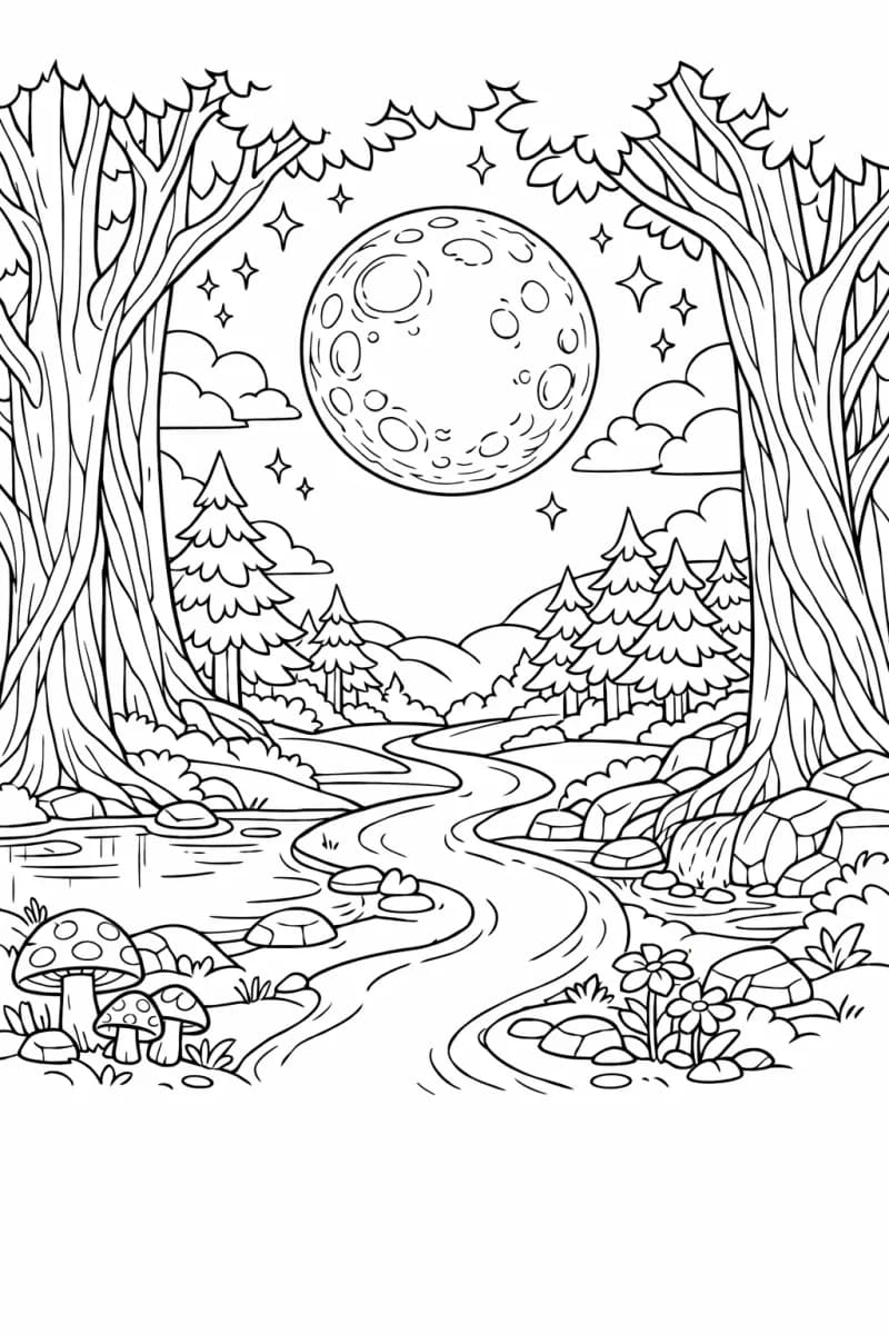 Мистична гора с луна – страница за оцветяване