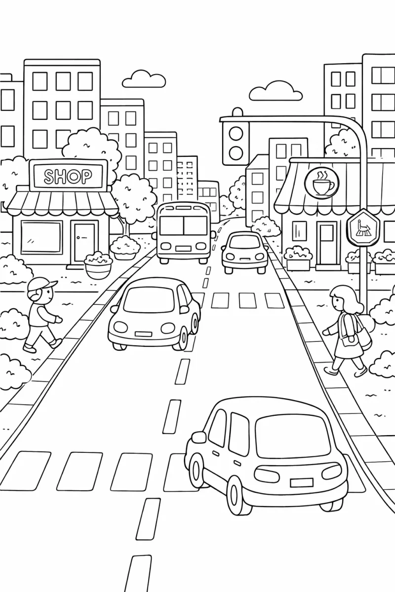 оживена градска улица за оцветяване с коли, пешеходци и светофари за деца