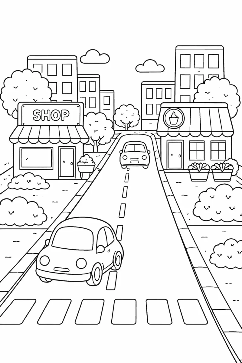 semplice pagina da colorare di una strada cittadina con automobili ed edifici per bambini