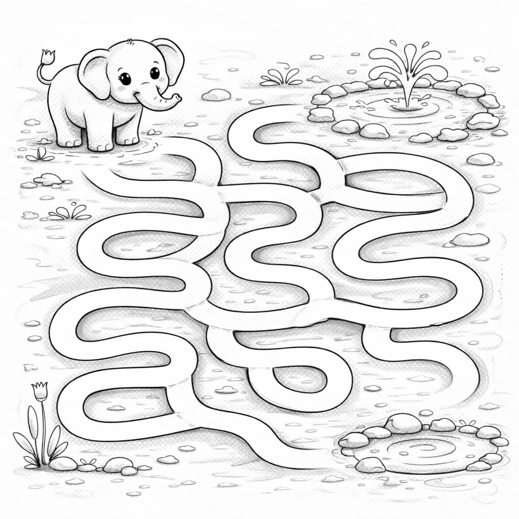 Maze with cute elephant and ponds to color