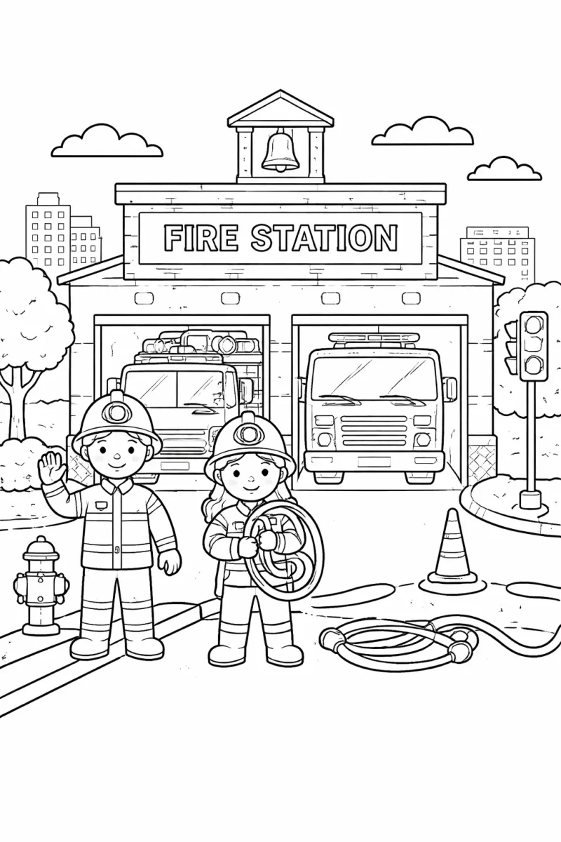 страница за оцветяване на пожарната с пожарникари и пожарна кола за деца