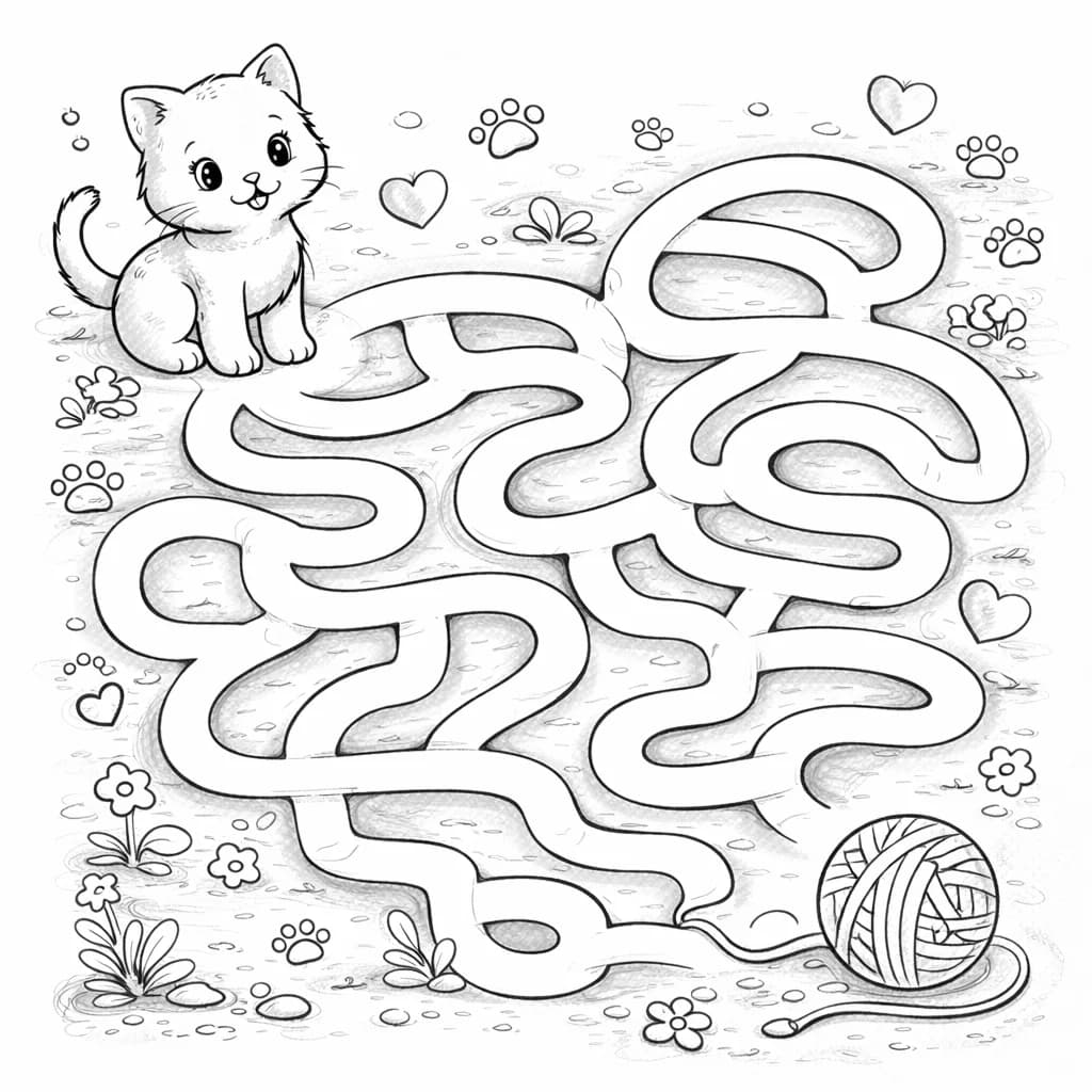Kitten next to a maze and a ball of yarn for coloring