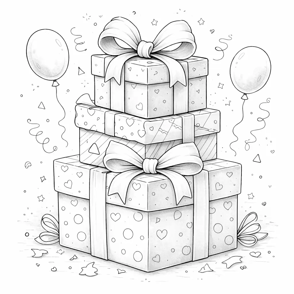 Black and white coloring picture of a pile of presents with ribbons, balloons and confetti for a birthday