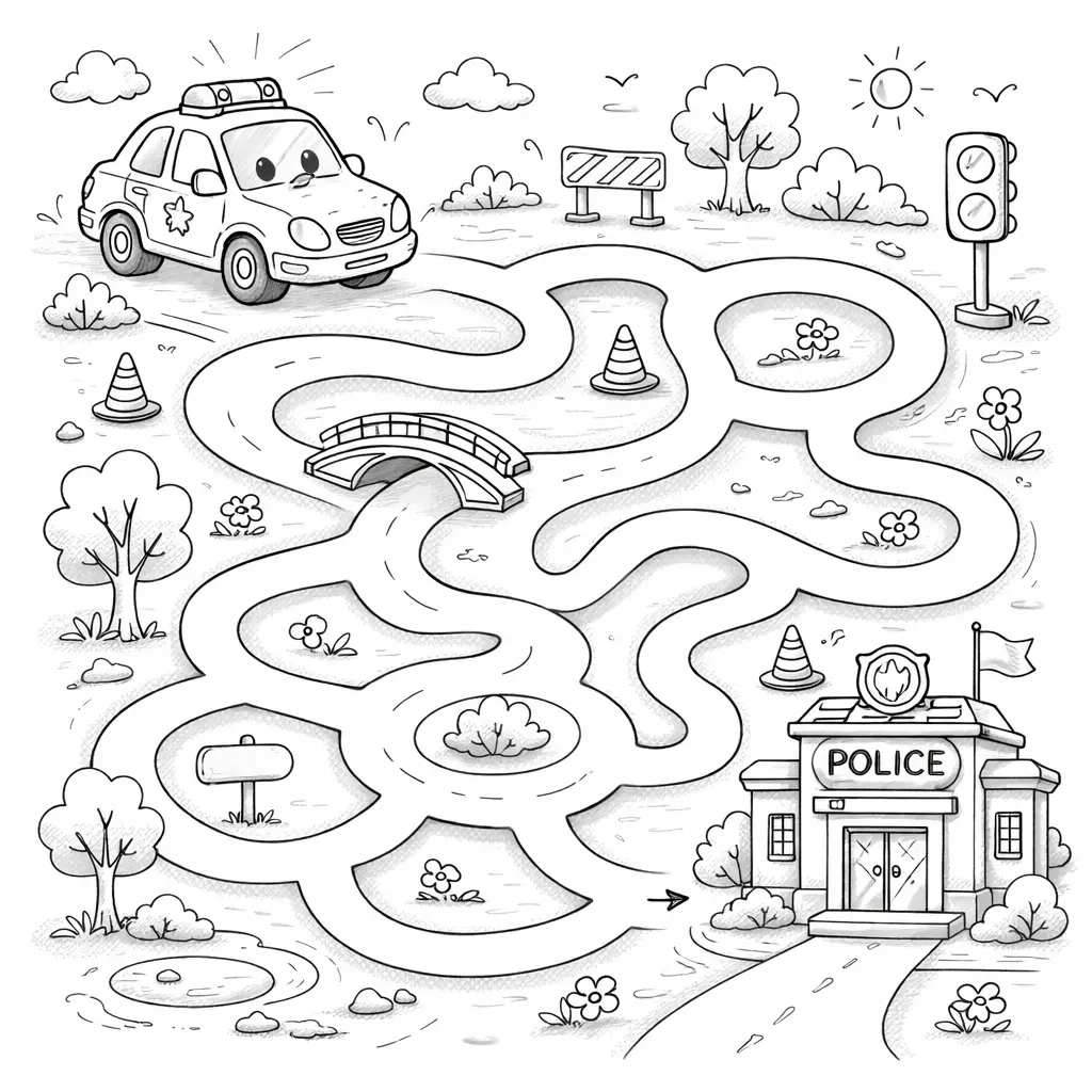 Полицейска кола в лабиринт за оцветяване за деца