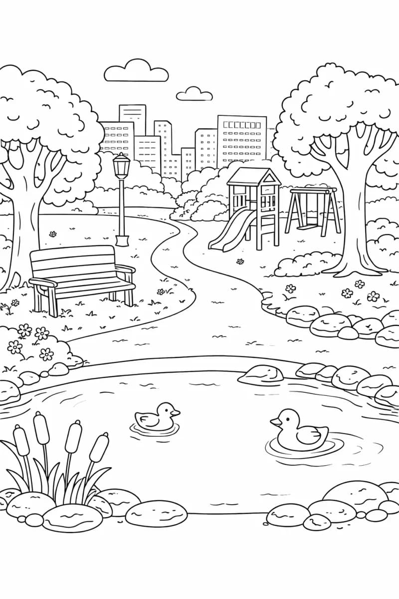 страница за оцветяване на градски парк с детска площадка езерце патици и дървета за деца