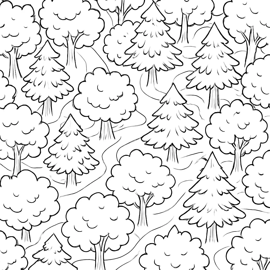 Черно-бяла рисунка на гора, гледана отгоре, с комбинация от широколистни и иглолистни дървета и криволичещи пътеки между тях. Предназначена като детайлна и въображаема страница за оцветяване за Деня на дървото.