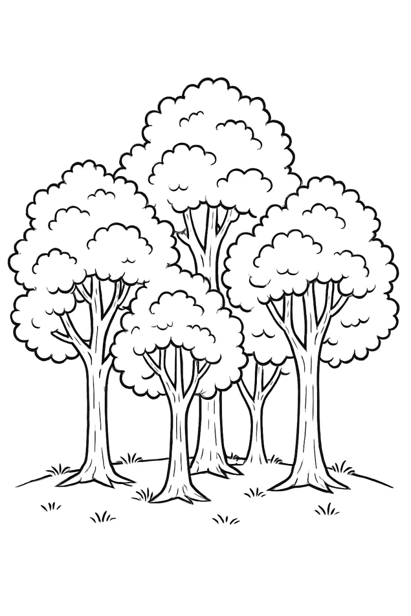 Черно-бяла рисунка на малка горичка от пет дръвчета с пълна листна корона върху малка тревиста полянка, предназначена за отпечатване и оцветяване на природна тематика за Деня на дървото.