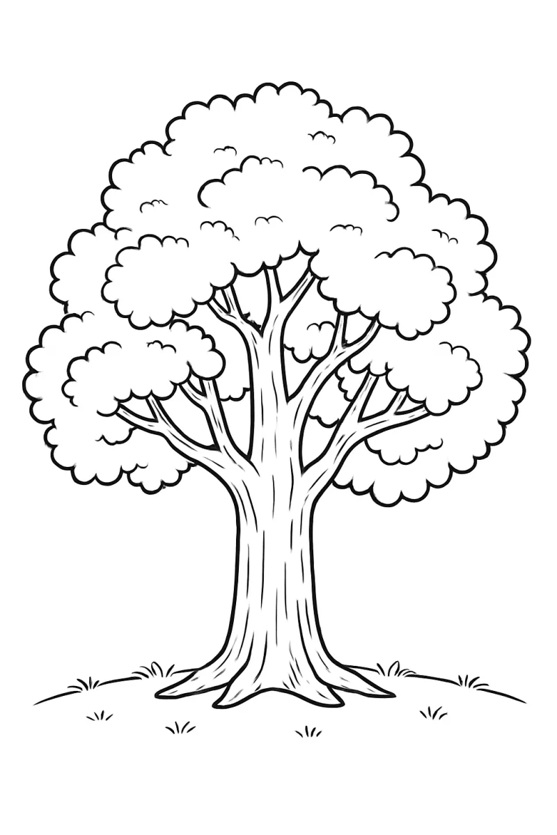 Черно-бяла картинка за оцветяване – голям дъб с дебело стъбло, разперени клони и пухкава листна корона, израснал върху зелена полянка. Идеална за оцветяване по случай Деня на дървото!