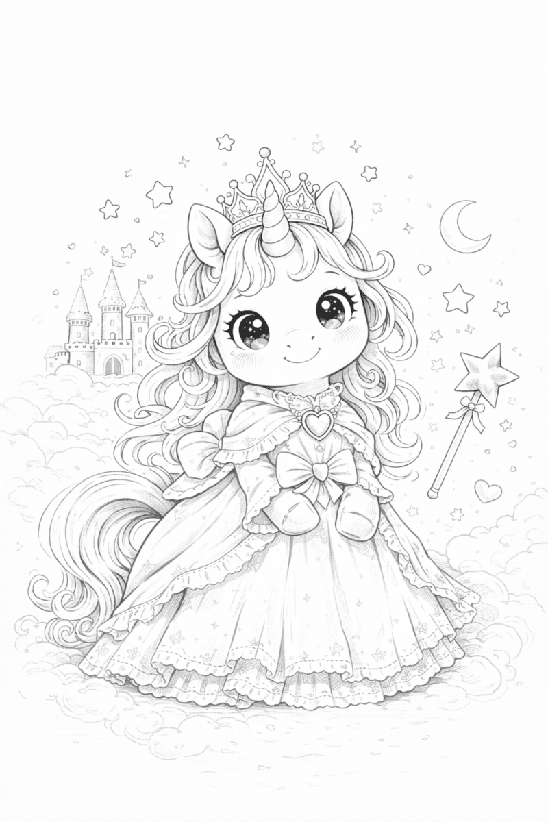 Immagine da colorare in bianco e nero della principessa unicorno con corona, lungo abito, bacchetta magica e castello sullo sfondo