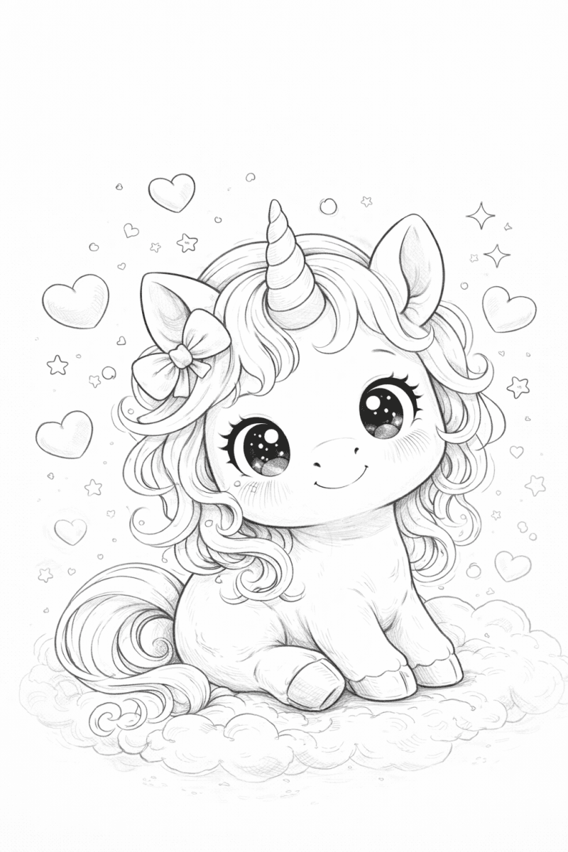 Page à colorier kawaii en noir et blanc d'une mignonne licorne aux grands yeux, un ruban, des cœurs et des étoiles
