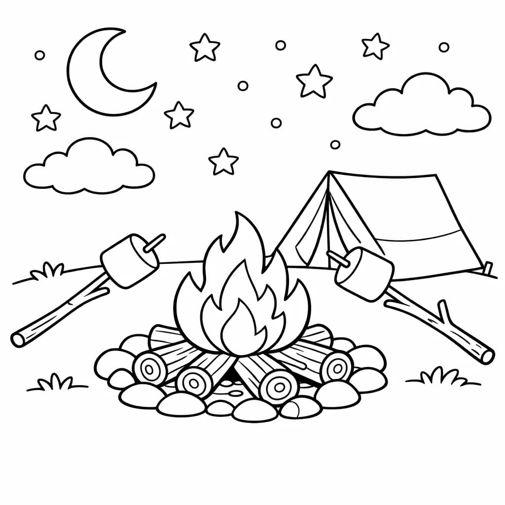 Summer campfire scene with tent, logs, marshmallows and starry night sky