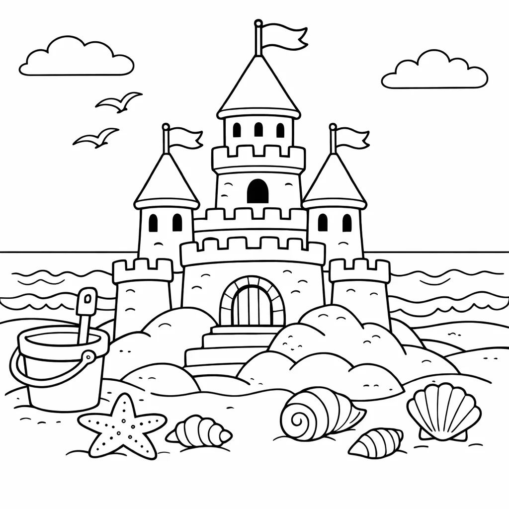 Summer beach sandcastle coloring page with seashells, bucket, shovel and waves