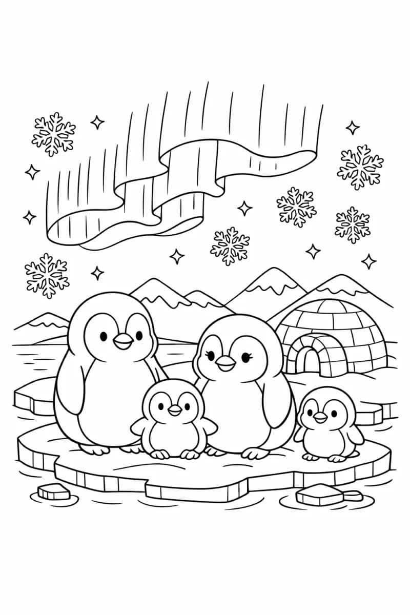 Penguin family on snowy ice with igloo and aurora - winter holiday coloring page