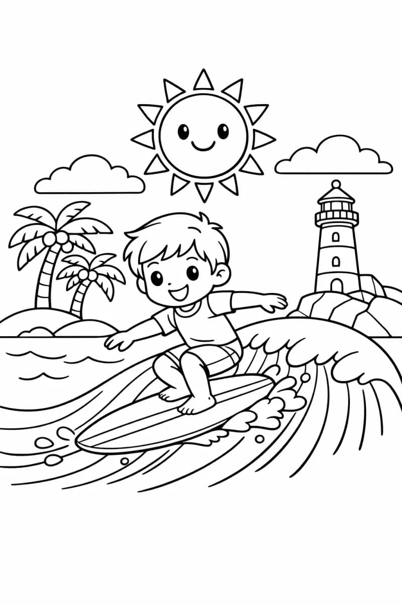 Kid surfing on a wave with sun, palm trees, and lighthouse - summer beach coloring page