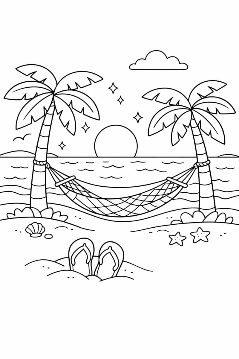 Tropical beach coloring sheet with palm trees, hammock, flip-flops and sparkling ocean – summer scene
