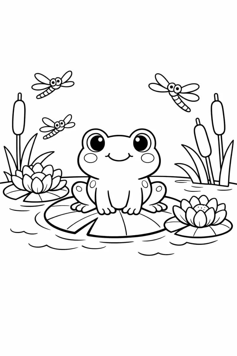 Cute frog on a lily pad in a spring pond with water lilies, dragonflies, and cattails