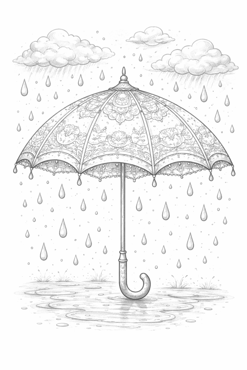 Image à colorier noir et blanc d'un parapluie sous la pluie et des nuages avec des gouttes qui tombent