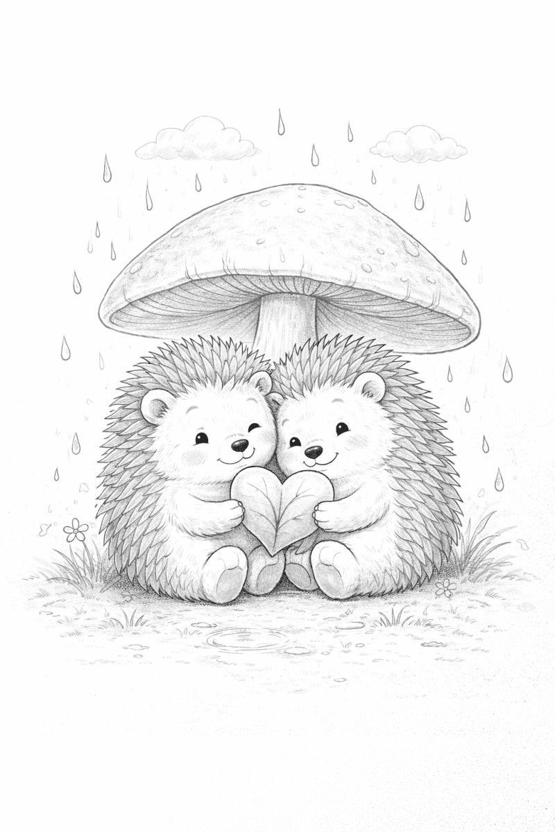 Черно-бяла картинка за оцветяване на два таралежа, които се крият под гъба в дъжда и държат сърцевиден лист
